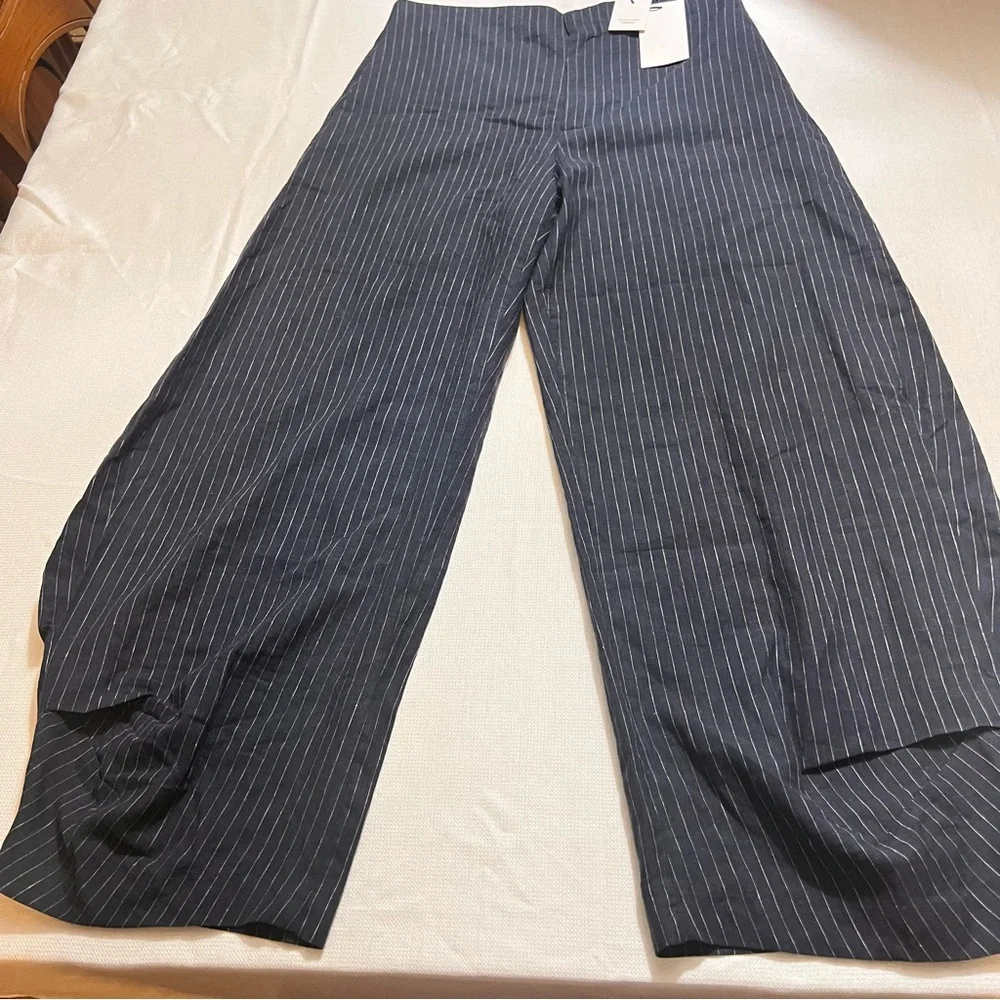 ZARA Balloon Navy Linen Blend Pinstripe Trouser NWT